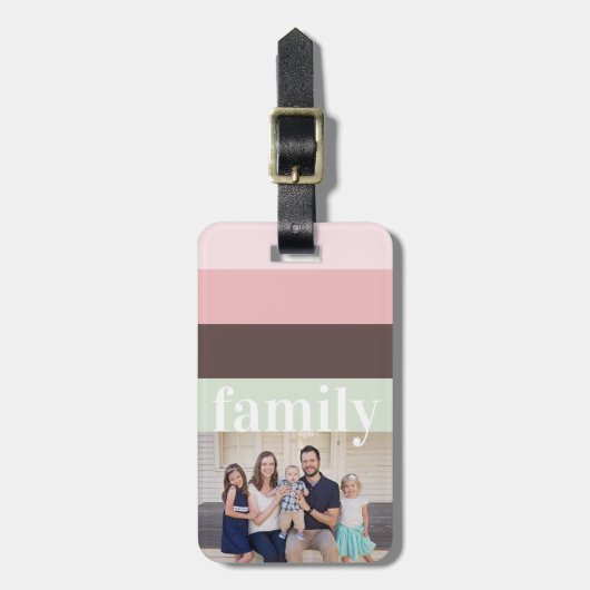 Moderne foto roze, groen, bruin gestreept bagagelabel (Voorkant verticaal)