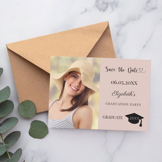 Moderne foto roze neutrale afstudeerfeest save the date