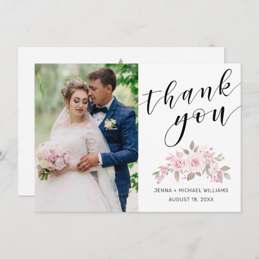 Moderne foto Roze Rose Bloemen Zwart Script Bruilo Bedankkaart (Voorkant / Achterkant)