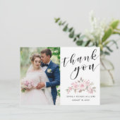 Moderne foto Roze Rose Bloemen Zwart Script Bruilo Bedankkaart (Staand voorkant)