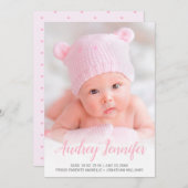 Moderne foto roze script hart baby meisje geboorte aankondiging (Voorkant / Achterkant)