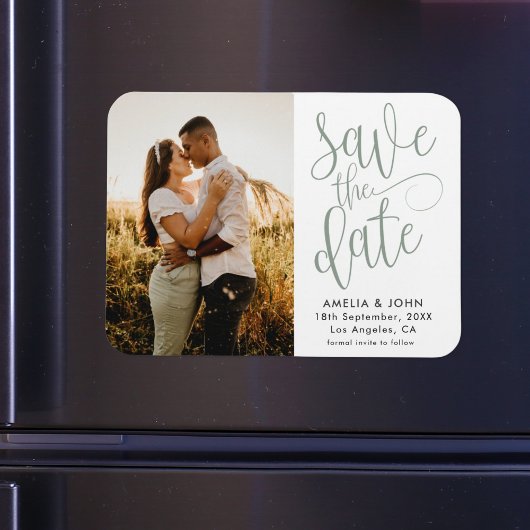 Moderne Foto Sage Green Save the Date Wedding Magneet