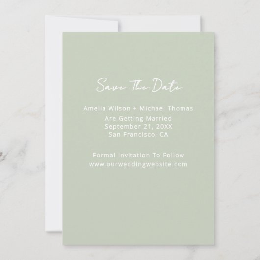 Moderne foto Sage Green Wedding Save The Date (Achterkant)