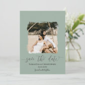 Moderne foto saliegroen save the date (Staand voorkant)