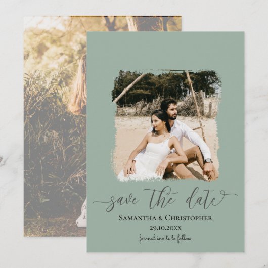 Moderne foto saliegroen save the date (Voorkant / Achterkant)