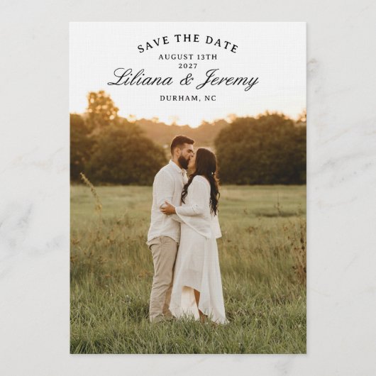 Moderne foto save the date met gebogen tekst kaart (Voorkant)