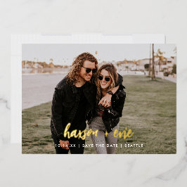 Moderne foto save the date met vetgedrukte foliena folie uitnodiging