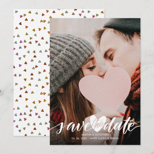 Moderne Foto Save the Date Script Hart Confetti Kaart (Voorkant / Achterkant)