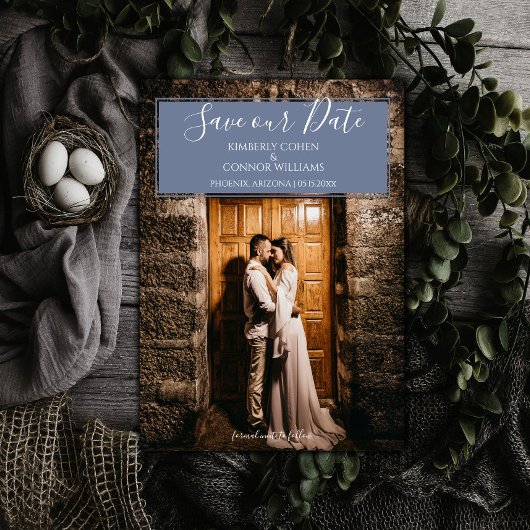Moderne foto save the date | stoffig blauw