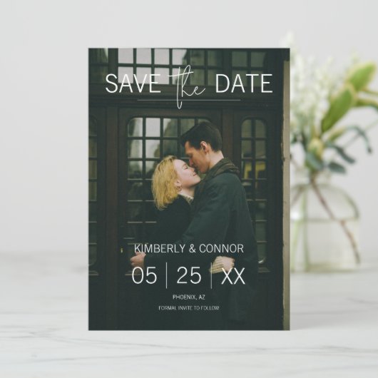Moderne foto save the date | Wit (Staand voorkant)
