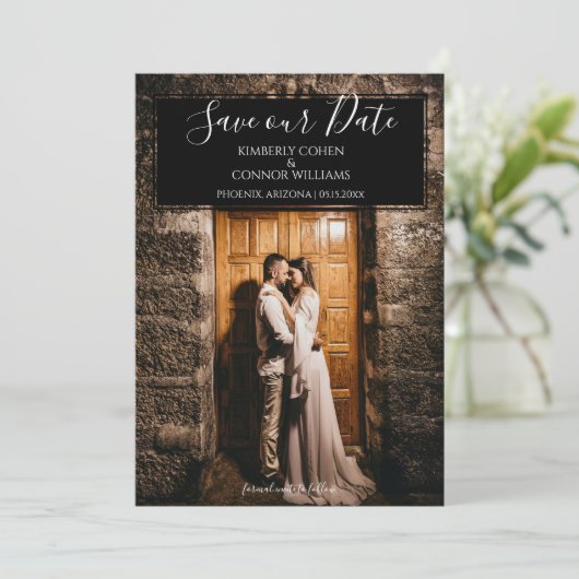 Moderne foto Save the Date | Zwart (Staand voorkant)