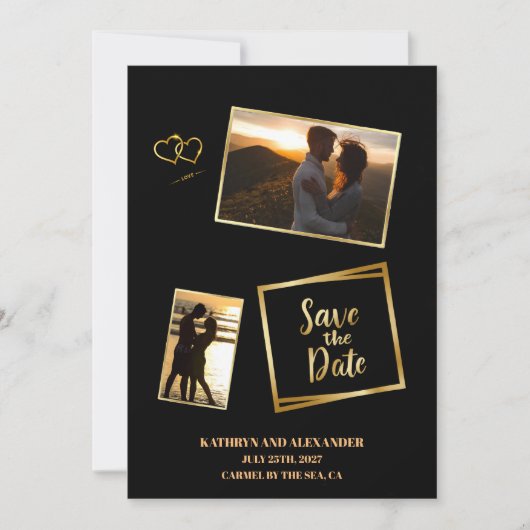 Moderne foto save the date zwart en goud luxe (Voorkant)