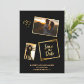 Moderne foto save the date zwart en goud luxe (Staand voorkant)