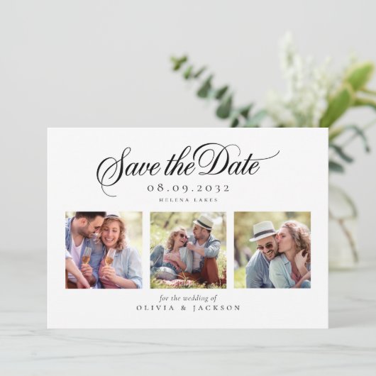 Moderne foto-scriptie bruiloft save the date (Staand voorkant)