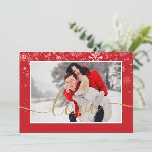 Moderne foto Sneeuwvlokken met Gouden Liefdeslette Feestdagenkaart (Staand voorkant)