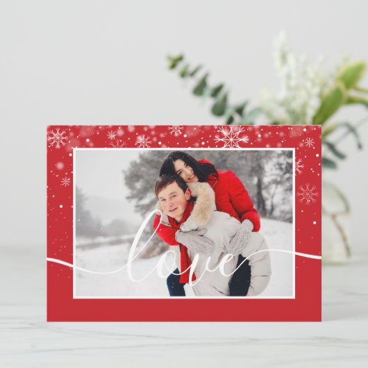Moderne foto Sneeuwvlokken met Liefde Schrift Feestdagenkaart (Staand voorkant)