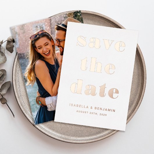 Moderne foto sparen de datum Roos Gold Folie Uitnodiging