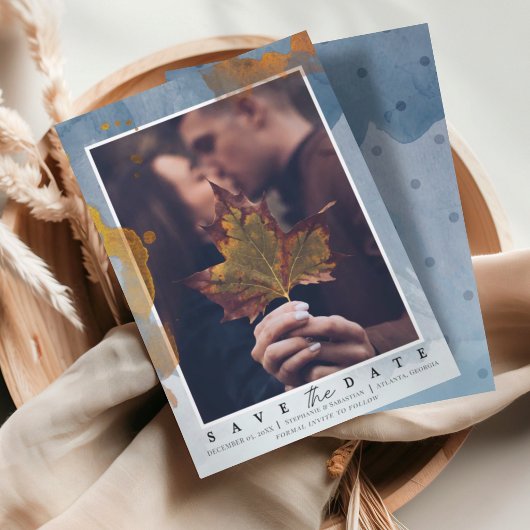 Moderne Foto Stofblauw Bewaar de Datum Trouwen Save The Date