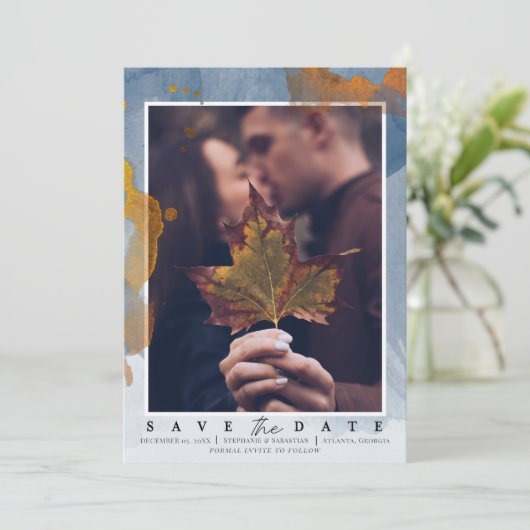 Moderne Foto Stofblauw Save the Date Huwelijk (Staand voorkant)