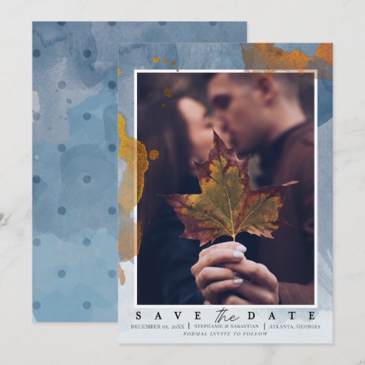 Moderne Foto Stofblauw Save the Date Huwelijk (Voorkant / Achterkant)