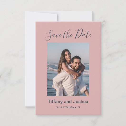 Moderne foto stoffig roze save the date (Voorkant)