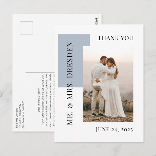 Moderne foto Stusty Blue Wedding Dank je Briefkaart (Voorkant / Achterkant)