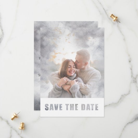 Moderne foto Transparante tekst Overlay Wedding Save The Date (Voorkant / Achterkant in situ)