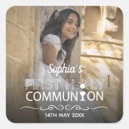 Moderne foto Typografie Eerste Heilige Communie Vierkante Sticker