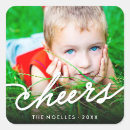 Moderne foto-vakantie Cheers Calligraphy Schrift Vierkante Sticker