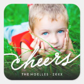Moderne foto-vakantie Cheers Calligraphy Schrift Vierkante Sticker (Voorkant)