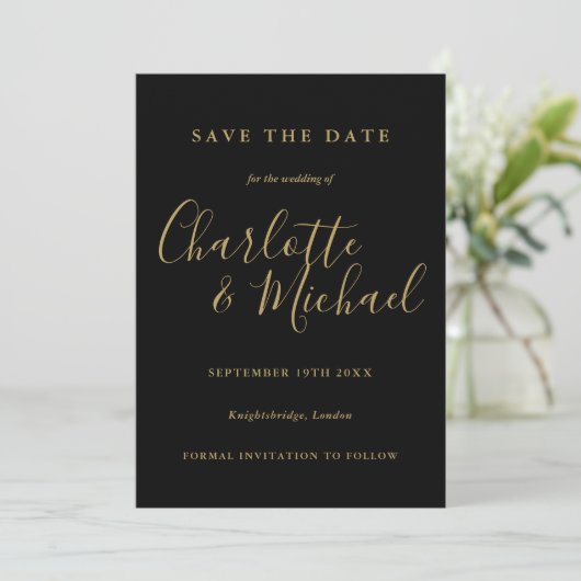 Moderne foto van elegant Black en Gold Script Save The Date (Staand voorkant)