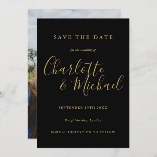 Moderne foto van elegant Black en Gold Script Save The Date (Voorkant / Achterkant)