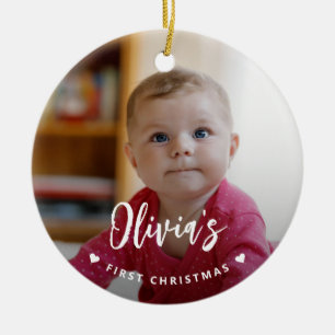 Moderne foto van kerstbaby voor het eerst keramisch ornament