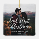 Moderne foto van ons eerste kerstpaar keramisch ornament (Achterkant)