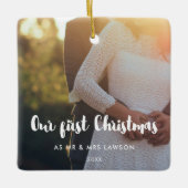 Moderne foto van ons eerste kerstpaar keramisch ornament (Voorkant)