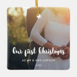 Moderne foto van ons eerste kerstpaar keramisch ornament