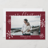 Moderne foto van sneeuwvlokken met rood kerstscrip feestdagenkaart (Voorkant)