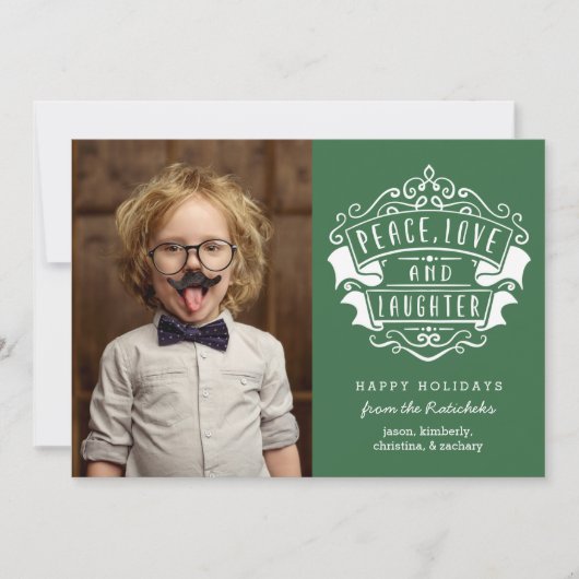 Moderne foto van vrede, liefde en lach | Groen Feestdagenkaart (Voorkant)