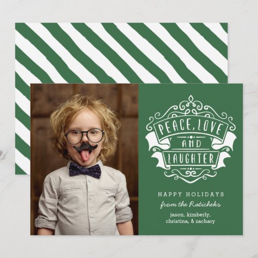 Moderne foto van vrede, liefde en lach | Groen Feestdagenkaart (Voorkant / Achterkant)