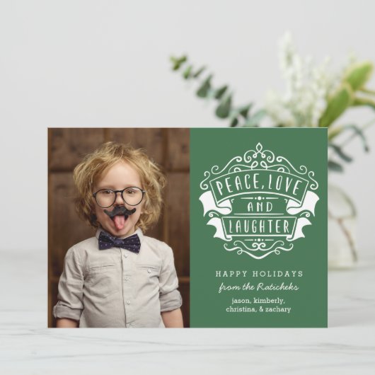 Moderne foto van vrede, liefde en lach | Groen Feestdagenkaart (Staand voorkant)