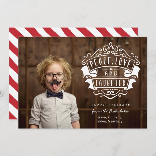 Moderne foto van vrede, liefde en lach | wit feestdagenkaart (Voorkant / Achterkant)