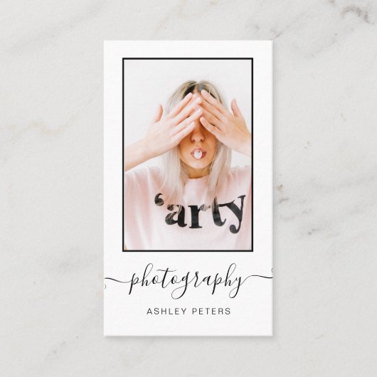 Moderne foto van zwart wit script voor fotografie visitekaartje (Voorkant)