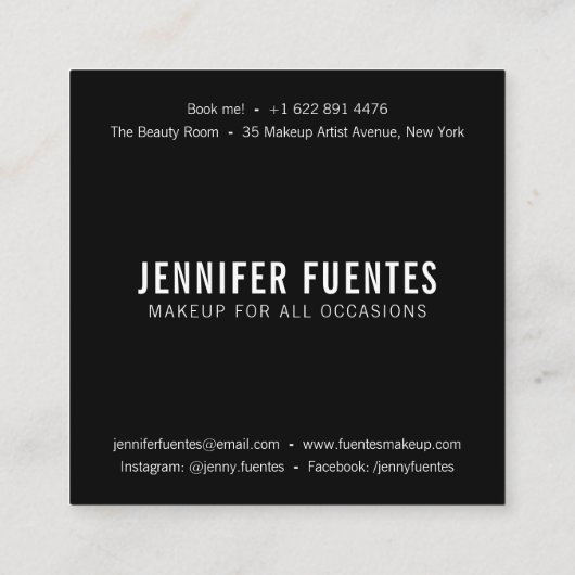 Moderne foto vet zwarte typografie make-up artist vierkante visitekaartje (Achterkant)