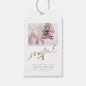Moderne foto vreugdevol gouden kerstscript cadeaulabel (Voorkant)