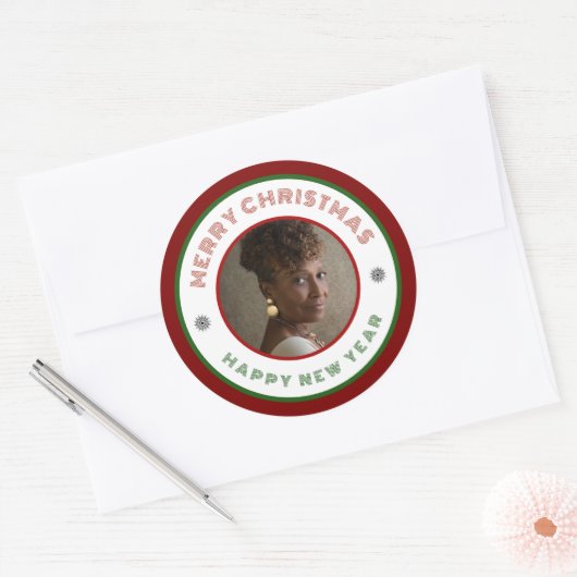 Moderne foto Vrolijk kerstnieuwjaar Personaliseren Ronde Sticker (Envelop)