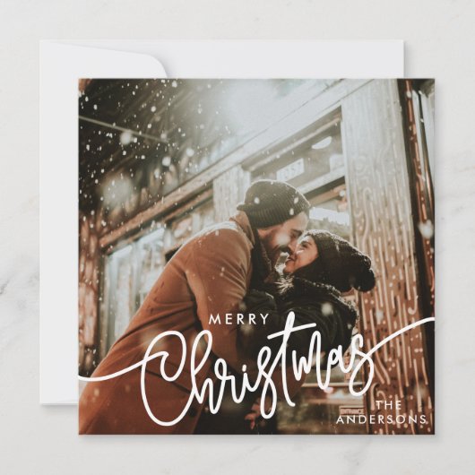 Moderne foto Vrolijk kerstscript Trendy paar Feestdagenkaart (Voorkant)