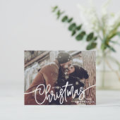 Moderne foto Vrolijk kerstscript Trendy paar Feestdagenkaart (Staand voorkant)