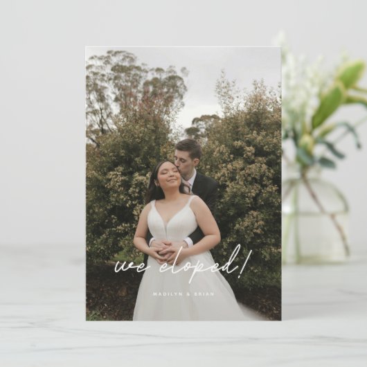 Moderne foto 'We Eloped' Huwelijksreceptie Kaart (Staand voorkant)