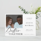 Moderne foto witte, eenvoudige script zwarte bruil save the date (Staand voorkant)