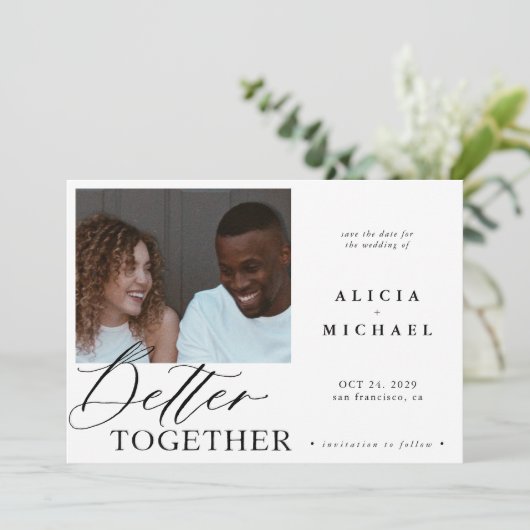 Moderne foto witte, eenvoudige script zwarte bruil save the date (Staand voorkant)